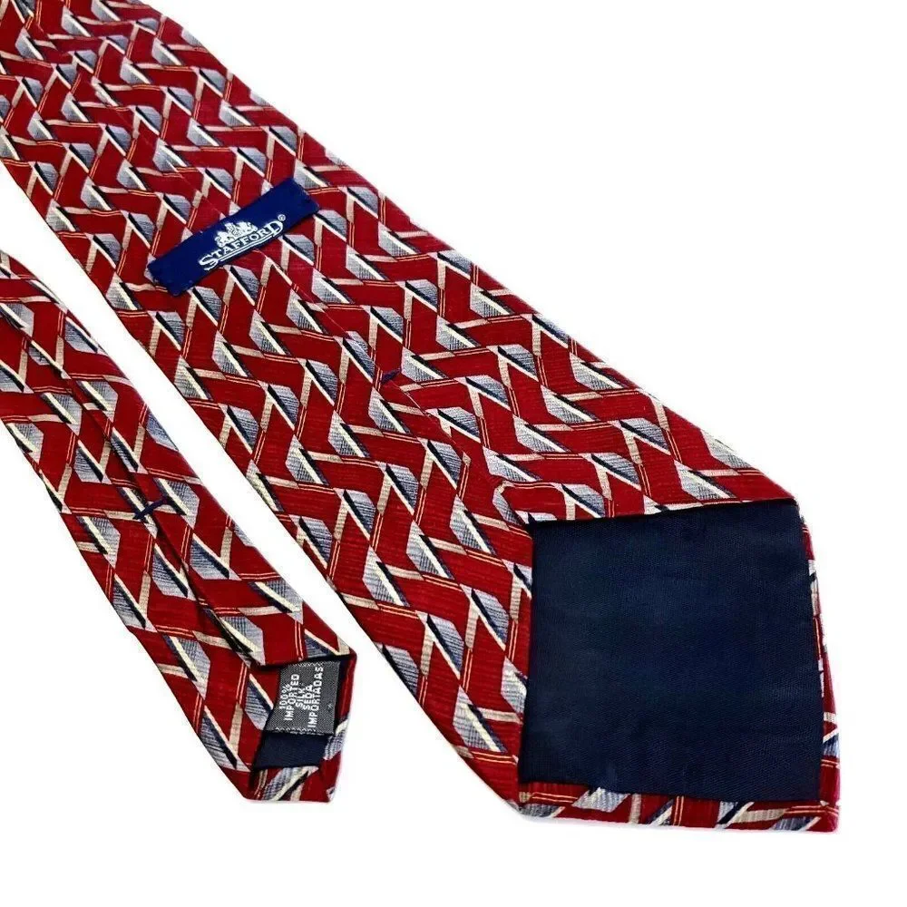 Stafford Red Print‎ Abstract Geometric Short Wide Silk Tie